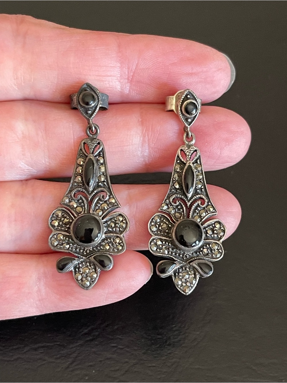 925 Sterling Silver black onyx Marcasite Drop Earrings.